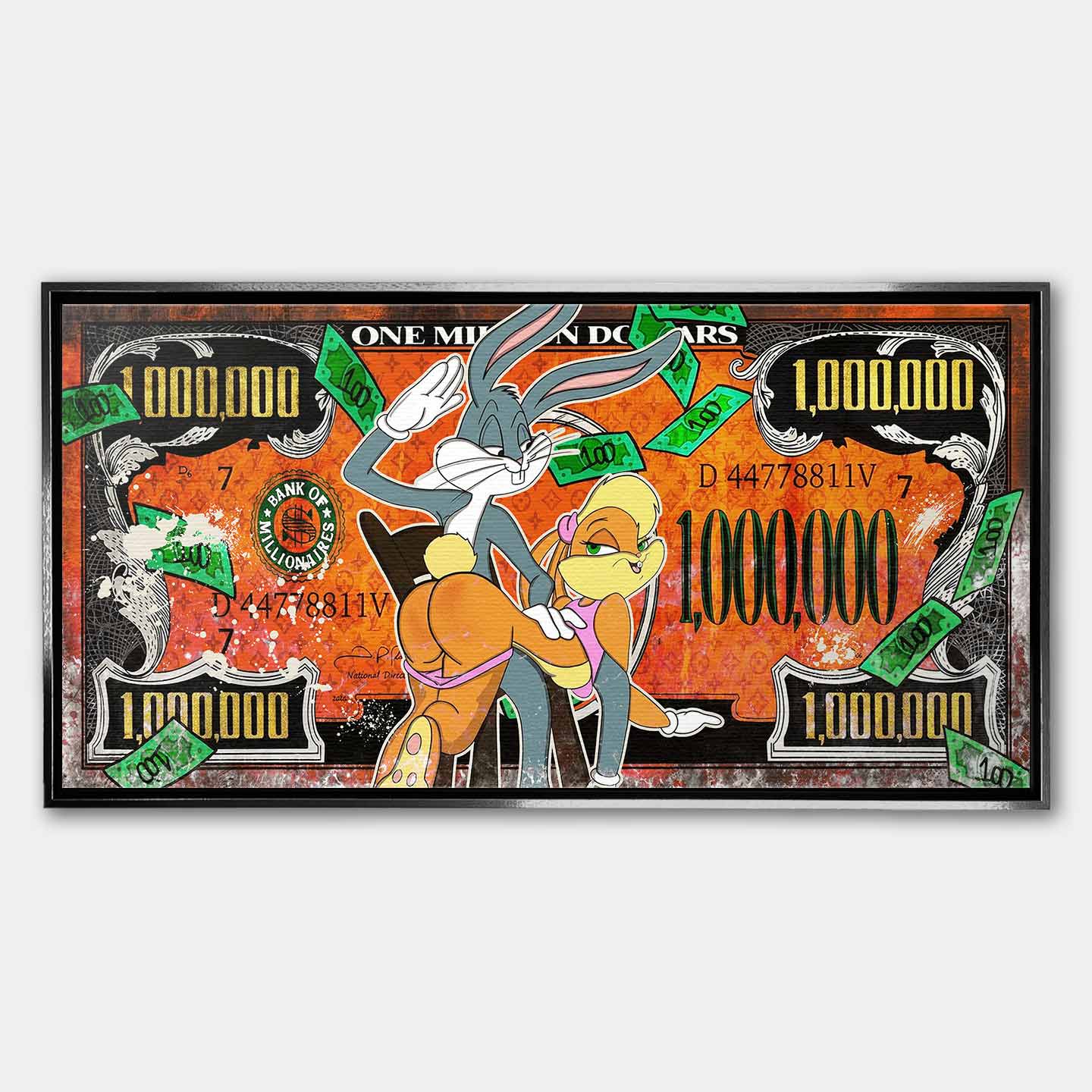 Obraz na płótnie w stylu pop art z animowaną parą, banknotem miliona dolarów i zielonymi pieniędzmi, kolorowy wydruk galeryjny.