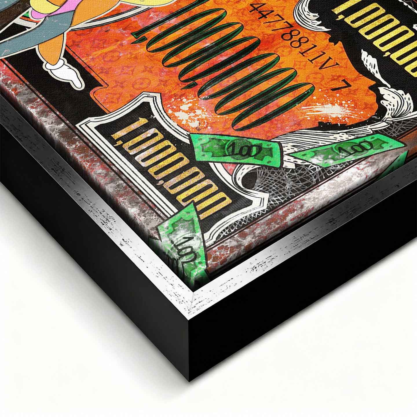 Obraz na płótnie w stylu pop art z animowaną parą, banknotem miliona dolarów i zielonymi pieniędzmi, kolorowy wydruk galeryjny.
