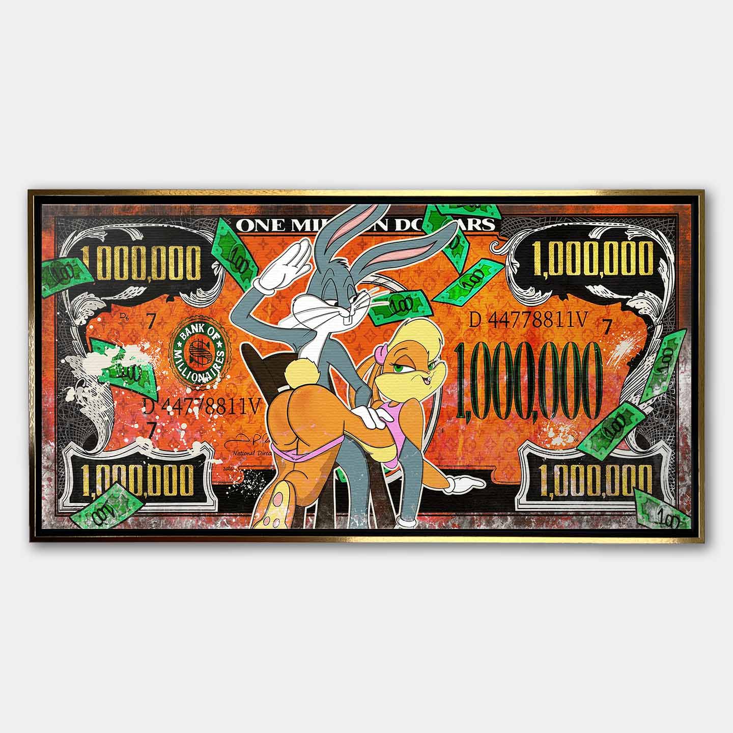 Obraz na płótnie w stylu pop art z animowaną parą, banknotem miliona dolarów i zielonymi pieniędzmi, kolorowy wydruk galeryjny.