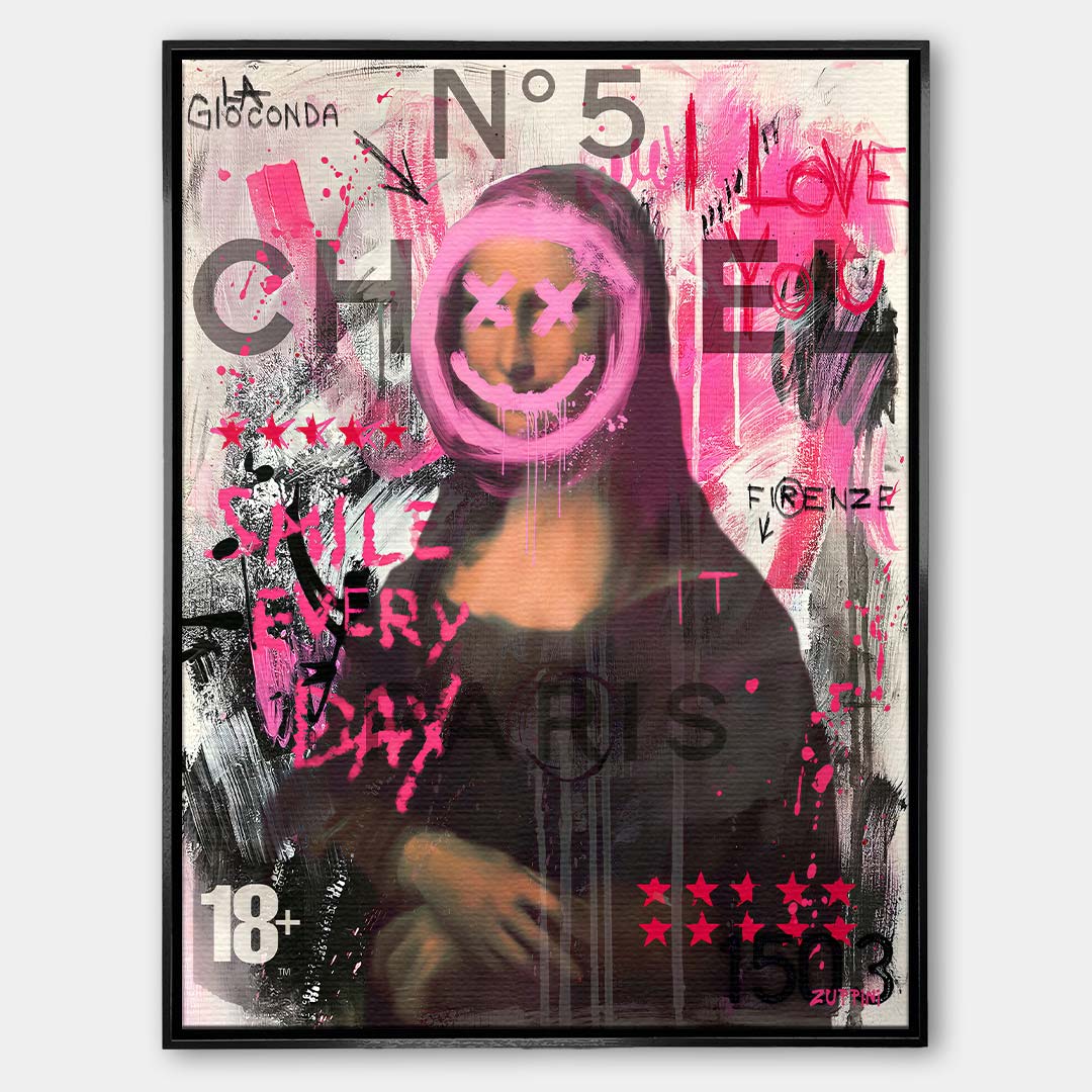 Nowoczesny obraz na płótnie Mona Lisa Smile. Wydruk galeryjny pop art z elementami graffiti, logotypem luksusowej marki i napisem Smile every day.
