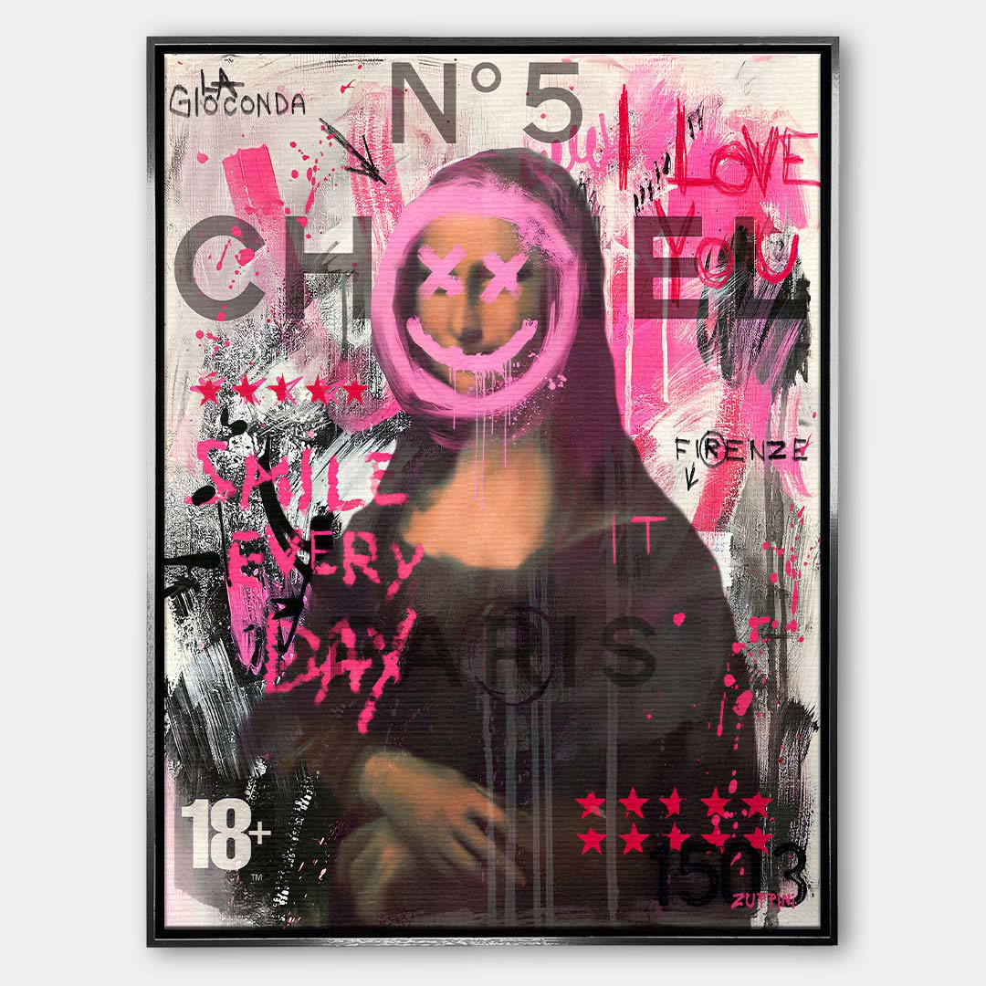 Nowoczesny obraz na płótnie Mona Lisa Smile. Wydruk galeryjny pop art z elementami graffiti, logotypem luksusowej marki i napisem Smile every day.