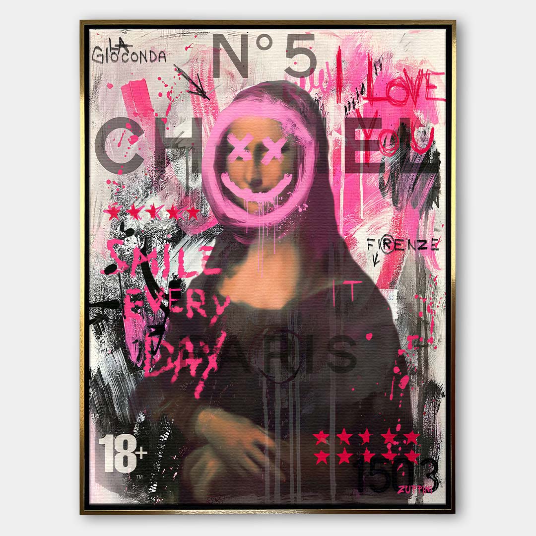 Nowoczesny obraz na płótnie Mona Lisa Smile. Wydruk galeryjny pop art z elementami graffiti, logotypem luksusowej marki i napisem Smile every day.