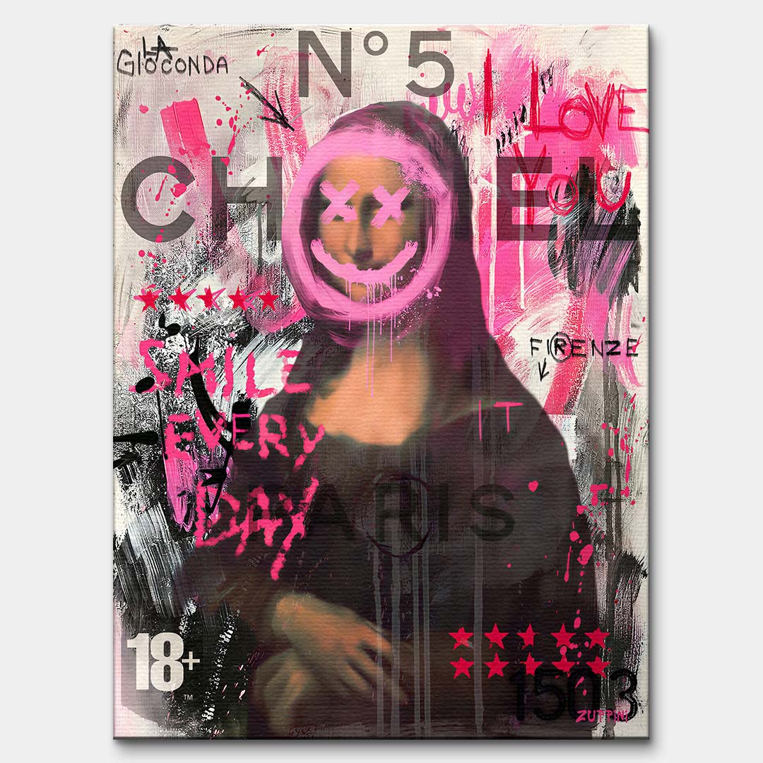 Nowoczesny obraz na płótnie Mona Lisa Smile. Wydruk galeryjny pop art z elementami graffiti, logotypem luksusowej marki i napisem Smile every day.