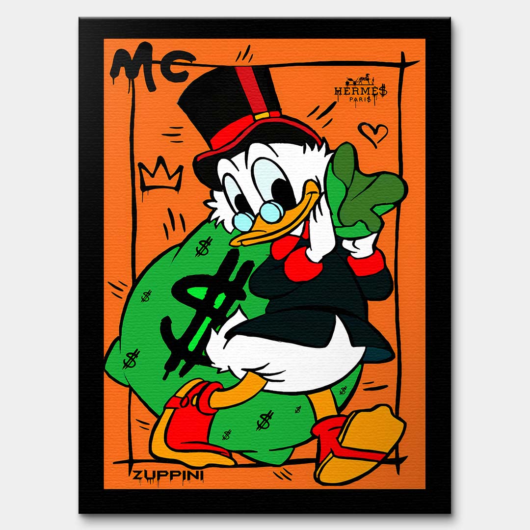 Obraz na płótnie z kaczym bohaterem i workiem pieniędzy na pomarańczowym tle, kolorowy pop art i nowoczesna sztuka uliczna.
