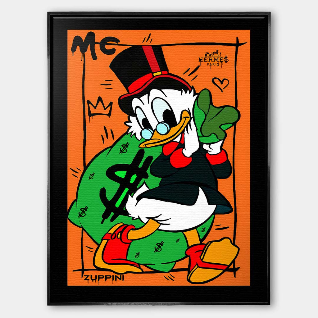 Obraz na płótnie z kaczym bohaterem i workiem pieniędzy na pomarańczowym tle, kolorowy pop art i nowoczesna sztuka uliczna.
