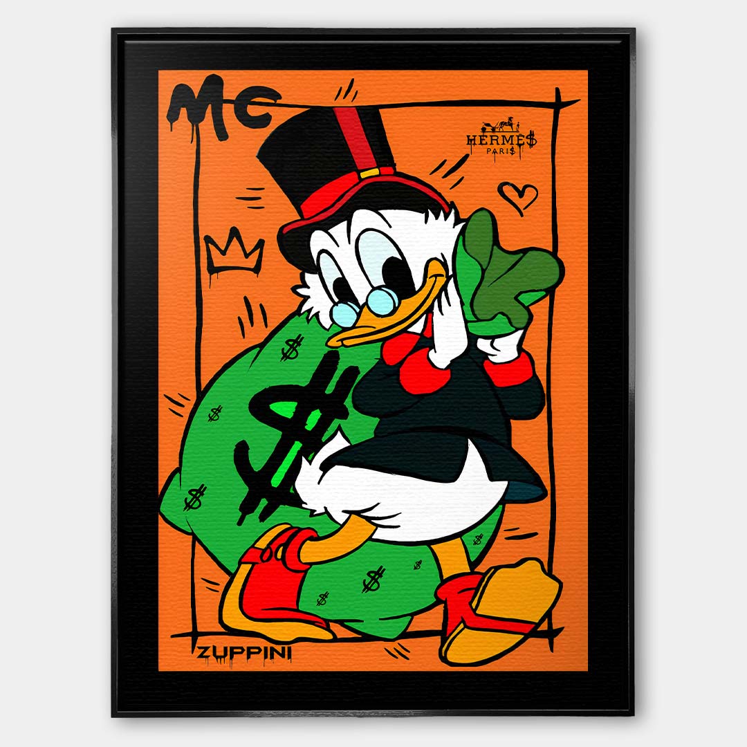 Obraz na płótnie z kaczym bohaterem i workiem pieniędzy na pomarańczowym tle, kolorowy pop art i nowoczesna sztuka uliczna.