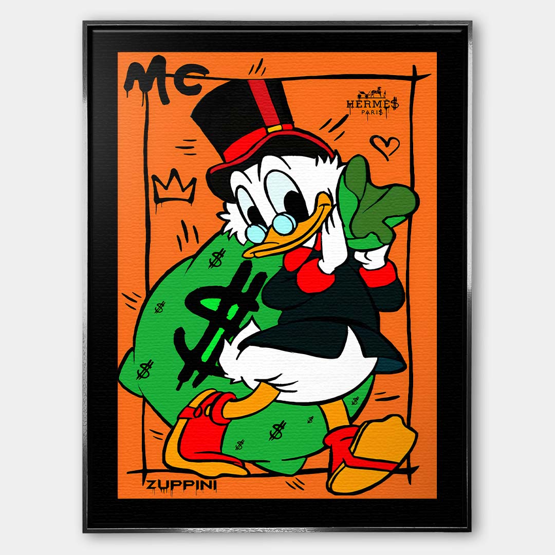 Obraz na płótnie z kaczym bohaterem i workiem pieniędzy na pomarańczowym tle, kolorowy pop art i nowoczesna sztuka uliczna.