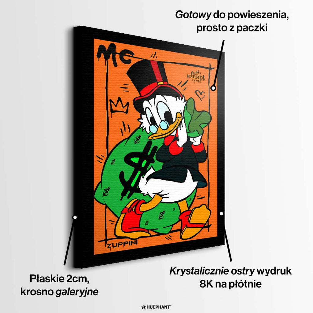 Obraz na płótnie z kaczym bohaterem i workiem pieniędzy na pomarańczowym tle, kolorowy pop art i nowoczesna sztuka uliczna.