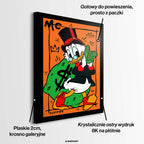 Obraz na płótnie z kaczym bohaterem i workiem pieniędzy na pomarańczowym tle, kolorowy pop art i nowoczesna sztuka uliczna.