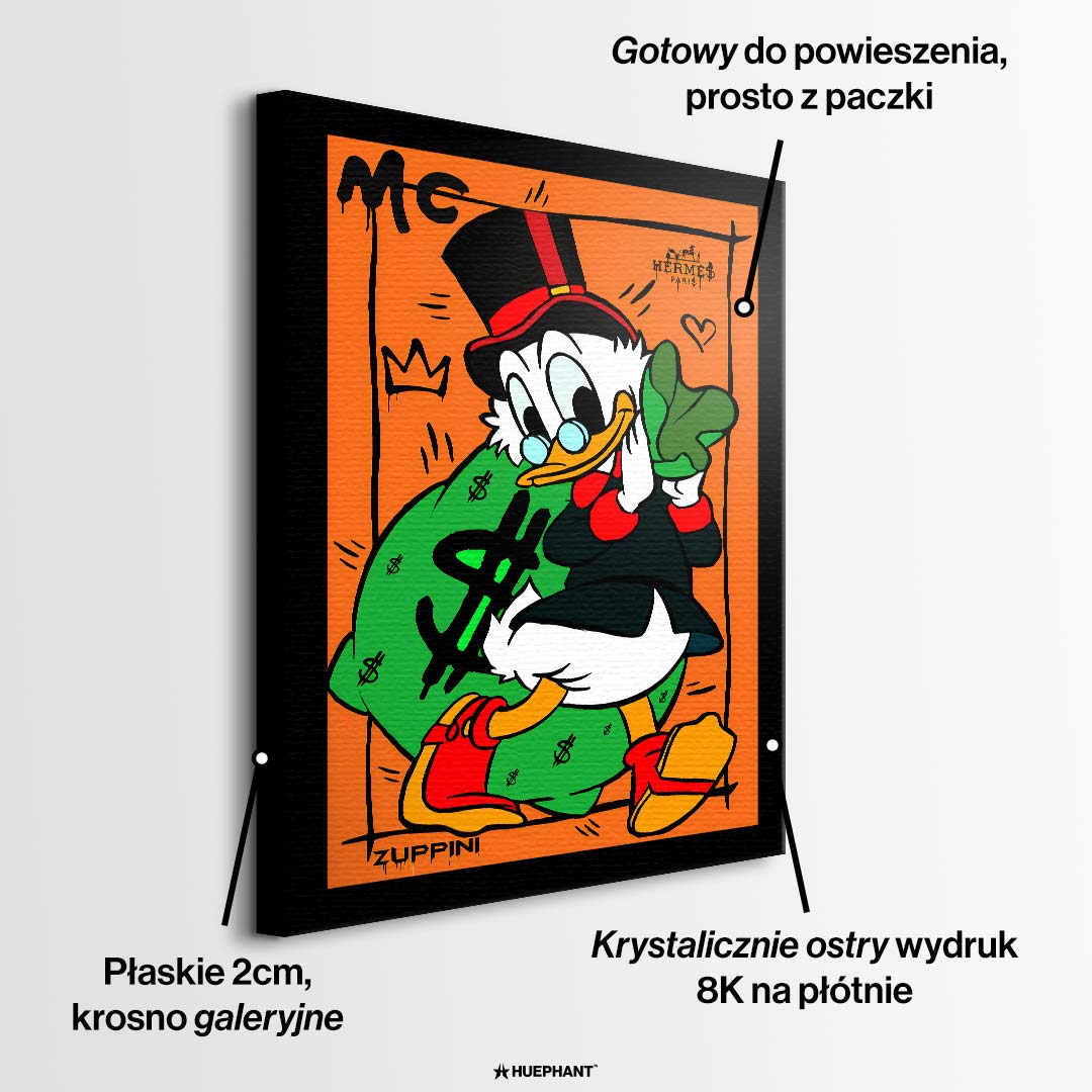 Obraz na płótnie z kaczym bohaterem i workiem pieniędzy na pomarańczowym tle, kolorowy pop art i nowoczesna sztuka uliczna.