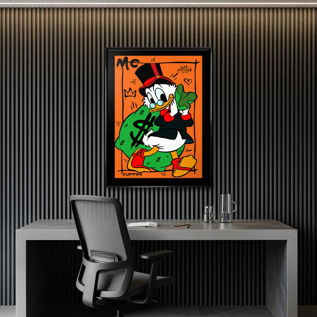 Obraz na płótnie z kaczym bohaterem i workiem pieniędzy na pomarańczowym tle, kolorowy pop art i nowoczesna sztuka uliczna.