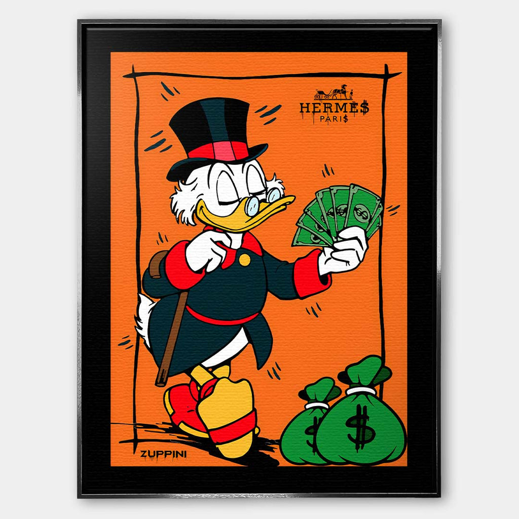 Obraz na płótnie z kaczym milionerem trzymającym banknoty obok worków pieniędzy, pop art, wydruk galeryjny, sztuka nowoczesna.