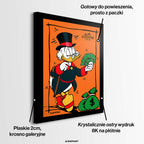 Obraz na płótnie z kaczym milionerem trzymającym banknoty obok worków pieniędzy, pop art, wydruk galeryjny, sztuka nowoczesna.