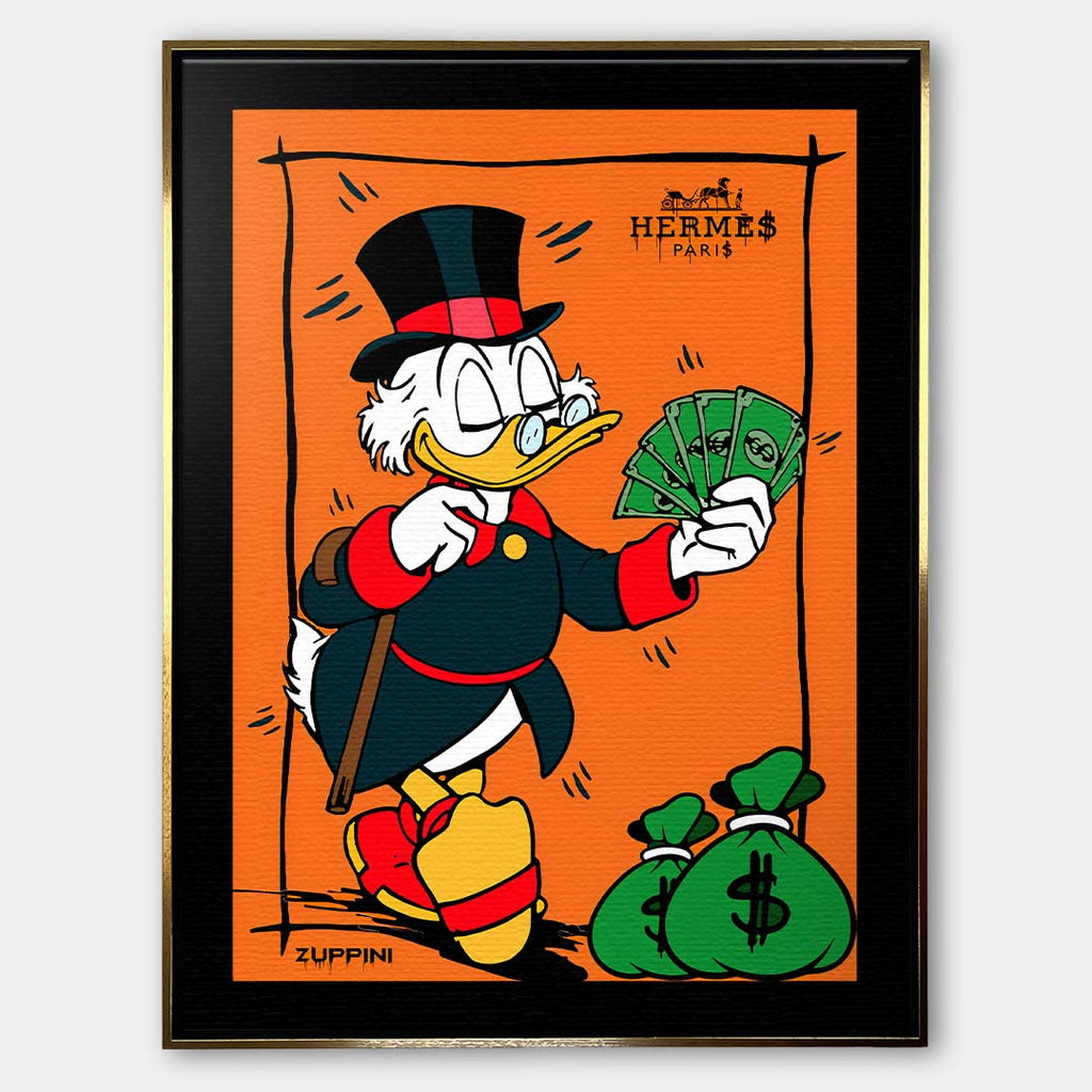Obraz na płótnie z kaczym milionerem trzymającym banknoty obok worków pieniędzy, pop art, wydruk galeryjny, sztuka nowoczesna.