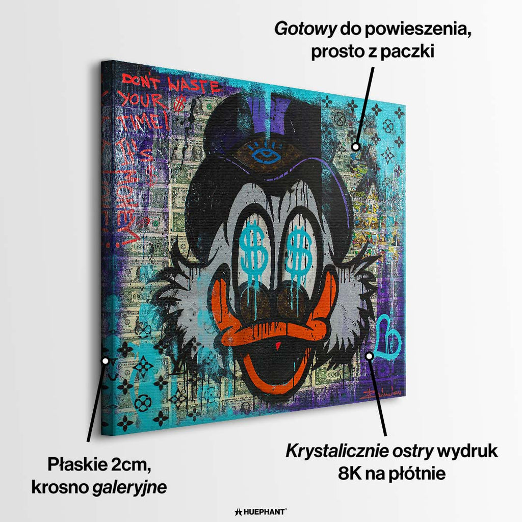 Obraz na płótnie pop art przedstawiający postać kaczora z symbolami dolarów w oczach na tle banknotów, wydruk galeryjny.