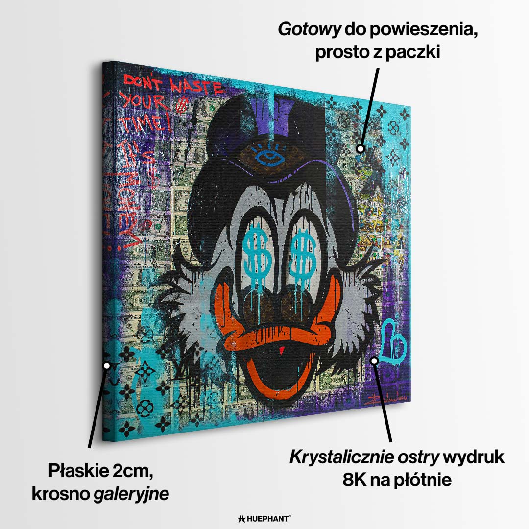 Obraz na płótnie pop art przedstawiający postać kaczora z symbolami dolarów w oczach na tle banknotów, wydruk galeryjny.