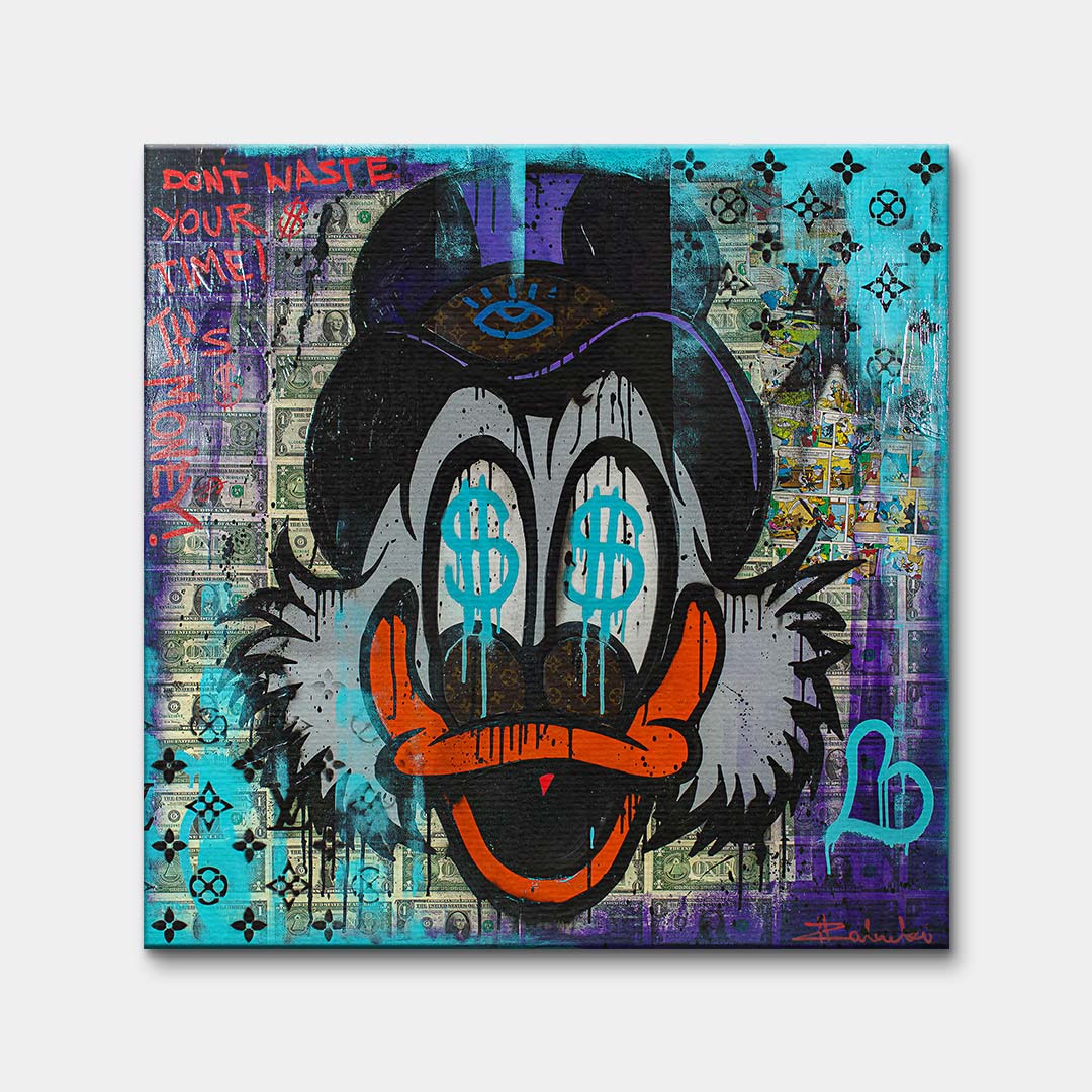 Obraz na płótnie pop art przedstawiający postać kaczora z symbolami dolarów w oczach na tle banknotów, wydruk galeryjny.