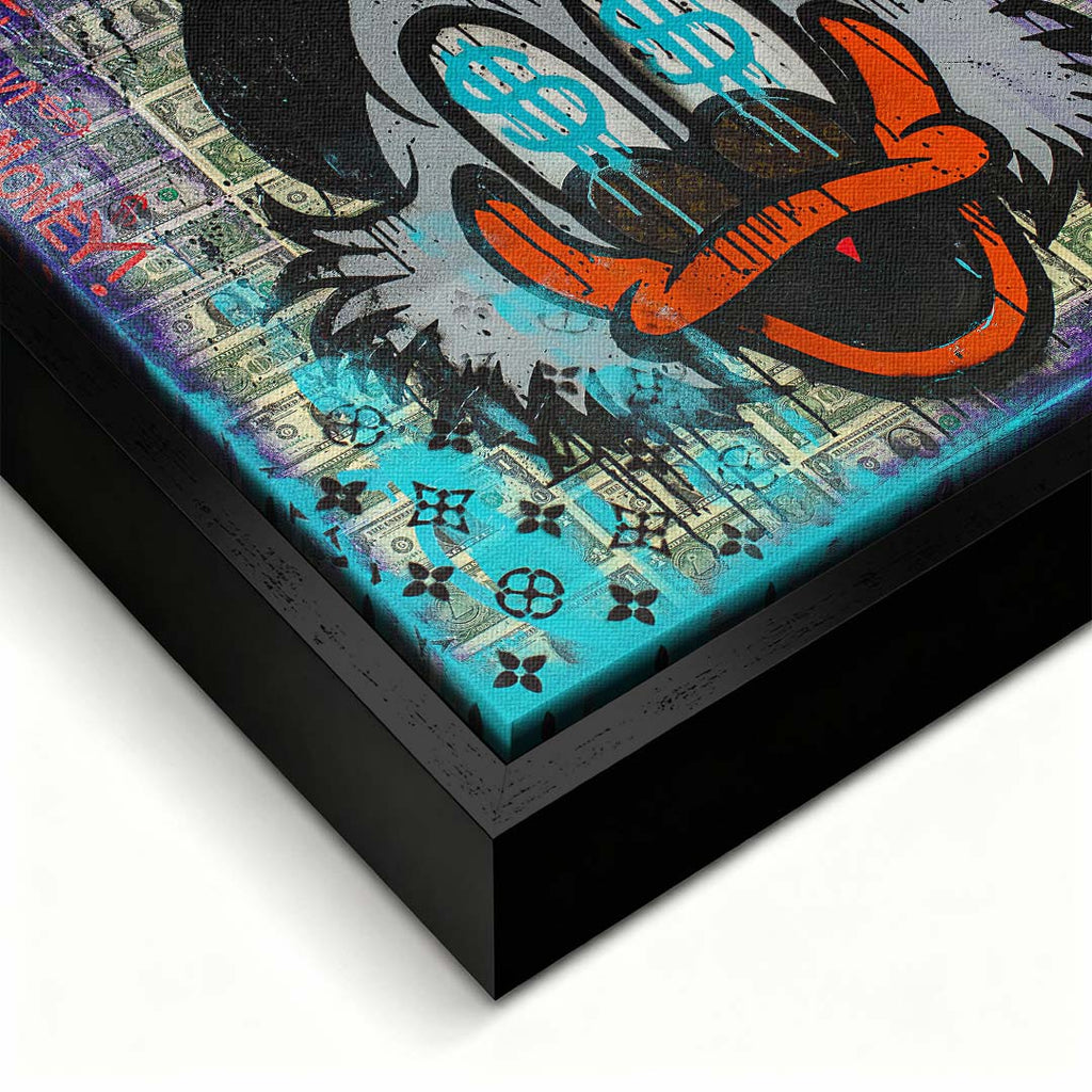 Obraz na płótnie pop art przedstawiający postać kaczora z symbolami dolarów w oczach na tle banknotów, wydruk galeryjny.