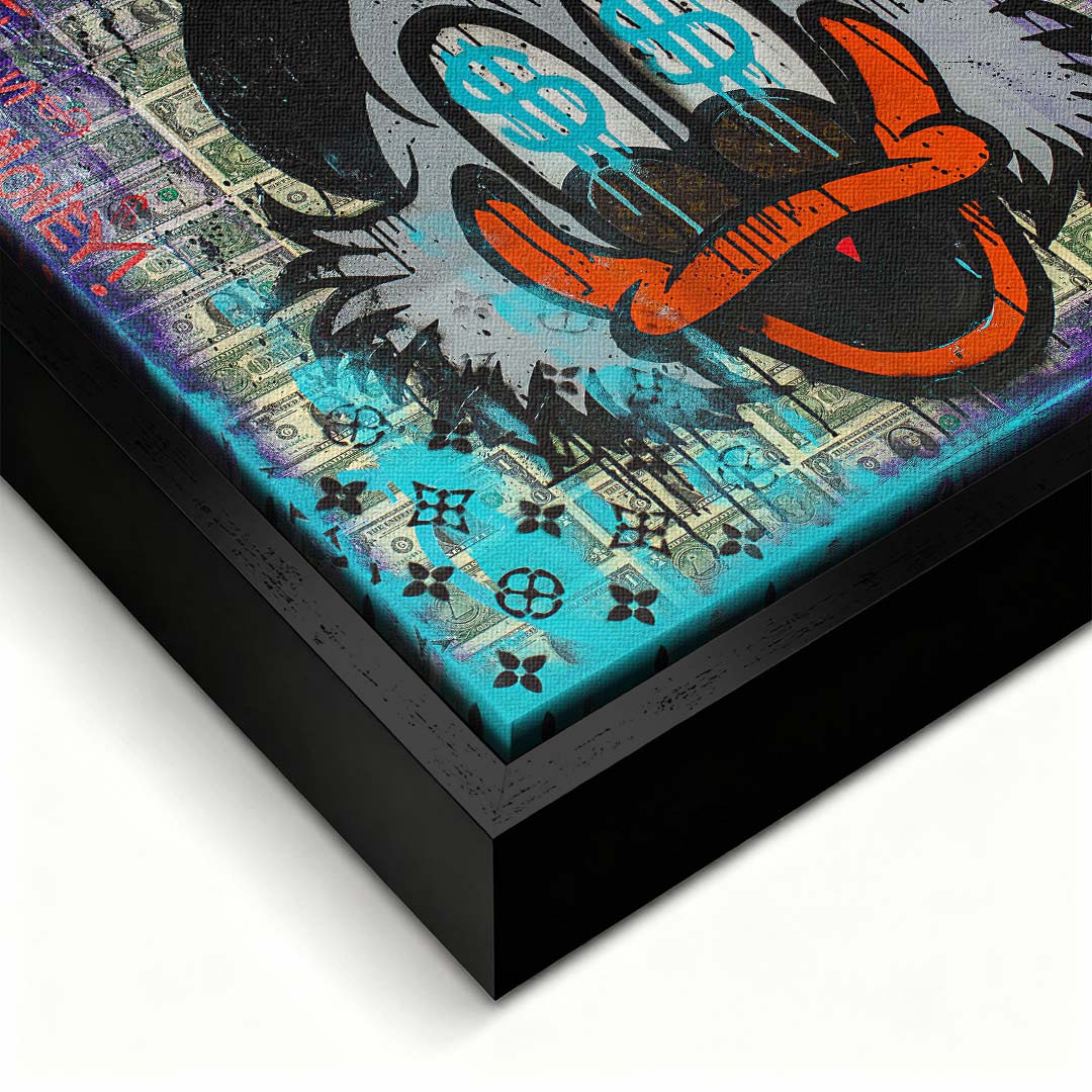 Obraz na płótnie pop art przedstawiający postać kaczora z symbolami dolarów w oczach na tle banknotów, wydruk galeryjny.