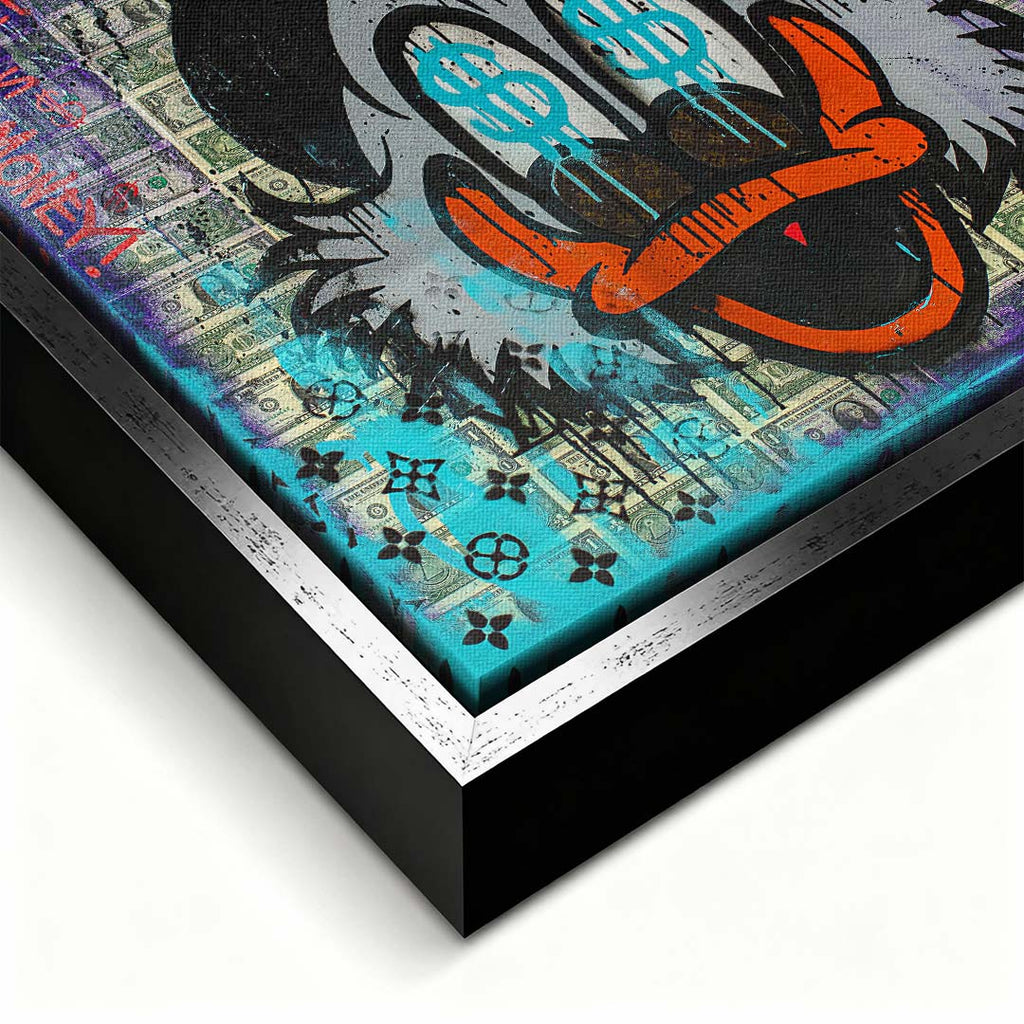 Obraz na płótnie pop art przedstawiający postać kaczora z symbolami dolarów w oczach na tle banknotów, wydruk galeryjny.