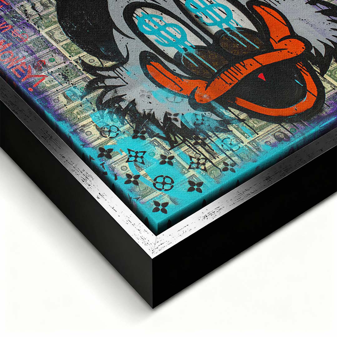 Obraz na płótnie pop art przedstawiający postać kaczora z symbolami dolarów w oczach na tle banknotów, wydruk galeryjny.