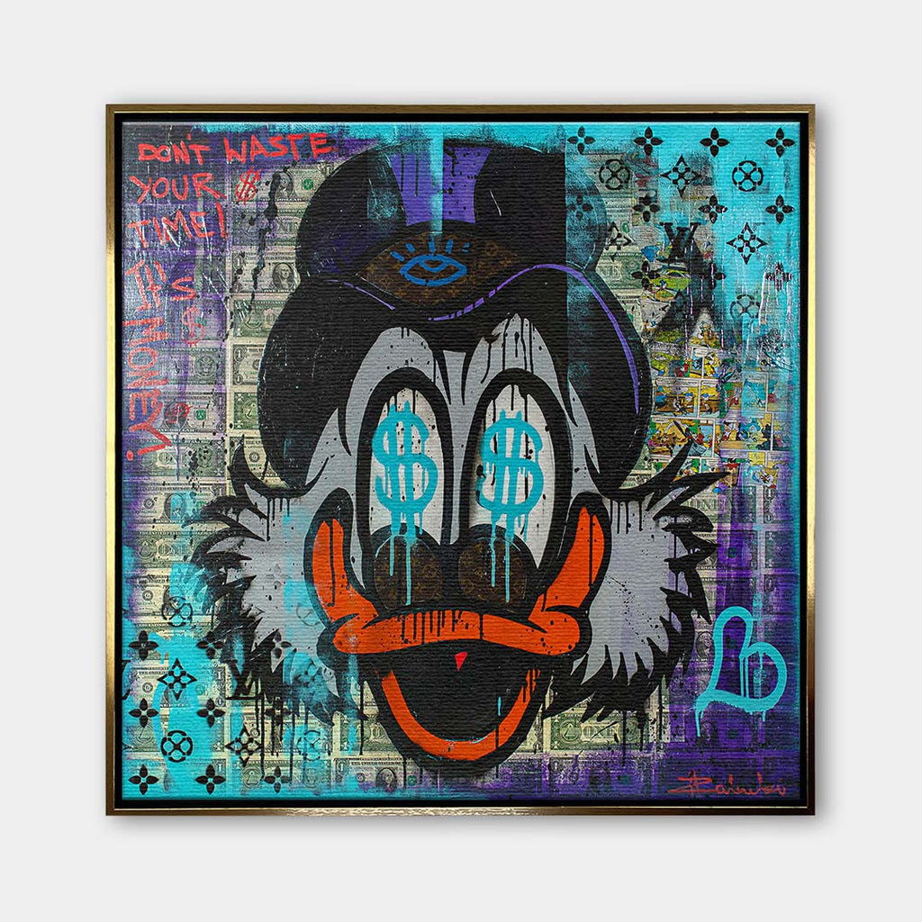 Obraz na płótnie pop art przedstawiający postać kaczora z symbolami dolarów w oczach na tle banknotów, wydruk galeryjny.