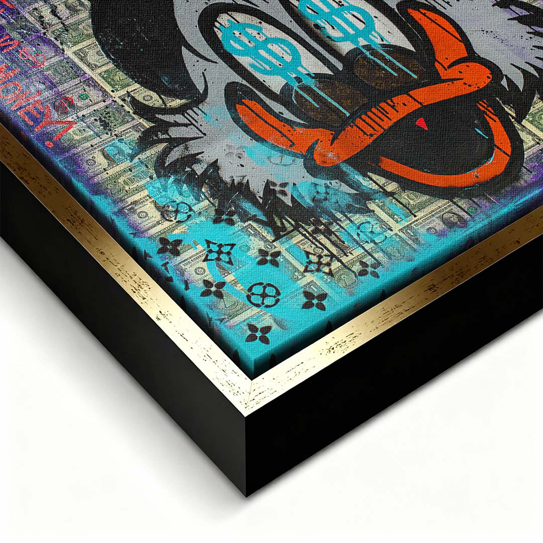 Obraz na płótnie pop art przedstawiający postać kaczora z symbolami dolarów w oczach na tle banknotów, wydruk galeryjny.