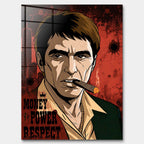 Obraz na szkle akrylowym w stylu pop art przedstawiający postać z cygarem na czerwonym tle z napisem Money Power Respect, wydruk galeryjny.