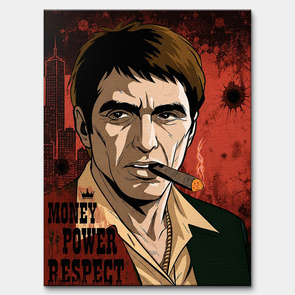 Obraz na płótnie w stylu pop art przedstawiający postać z cygarem na czerwonym tle z napisem Money Power Respect, wydruk galeryjny.