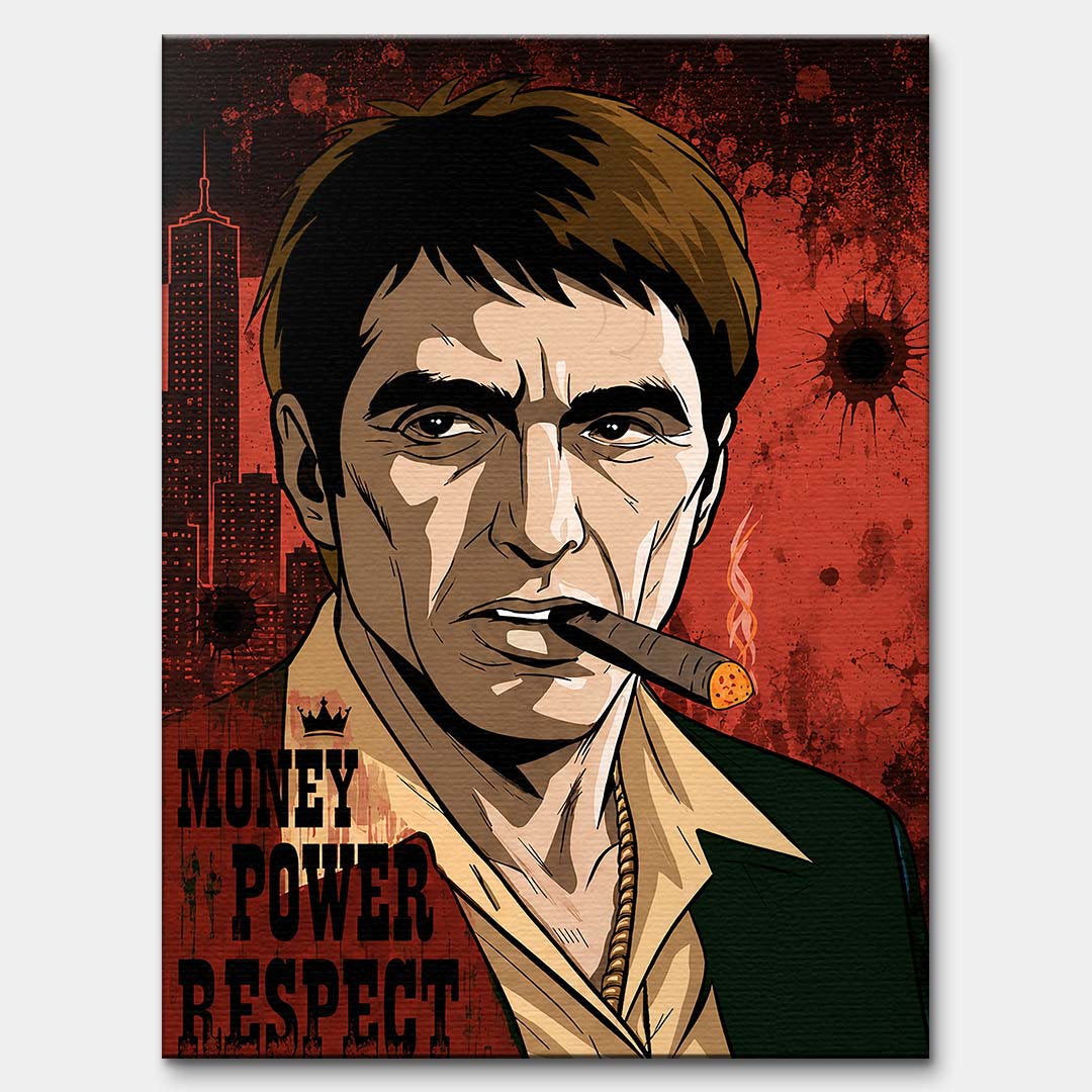 Obraz na płótnie w stylu pop art przedstawiający postać z cygarem na czerwonym tle z napisem Money Power Respect, wydruk galeryjny.
