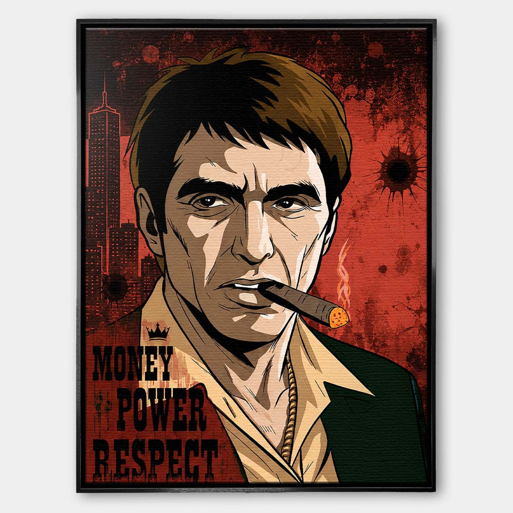 Obraz na płótnie w stylu pop art przedstawiający postać z cygarem na czerwonym tle z napisem Money Power Respect, wydruk galeryjny.