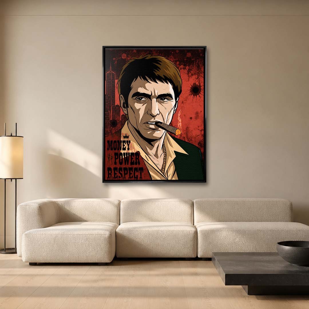 Obraz na płótnie w stylu pop art przedstawiający postać z cygarem na czerwonym tle z napisem Money Power Respect, wydruk galeryjny.