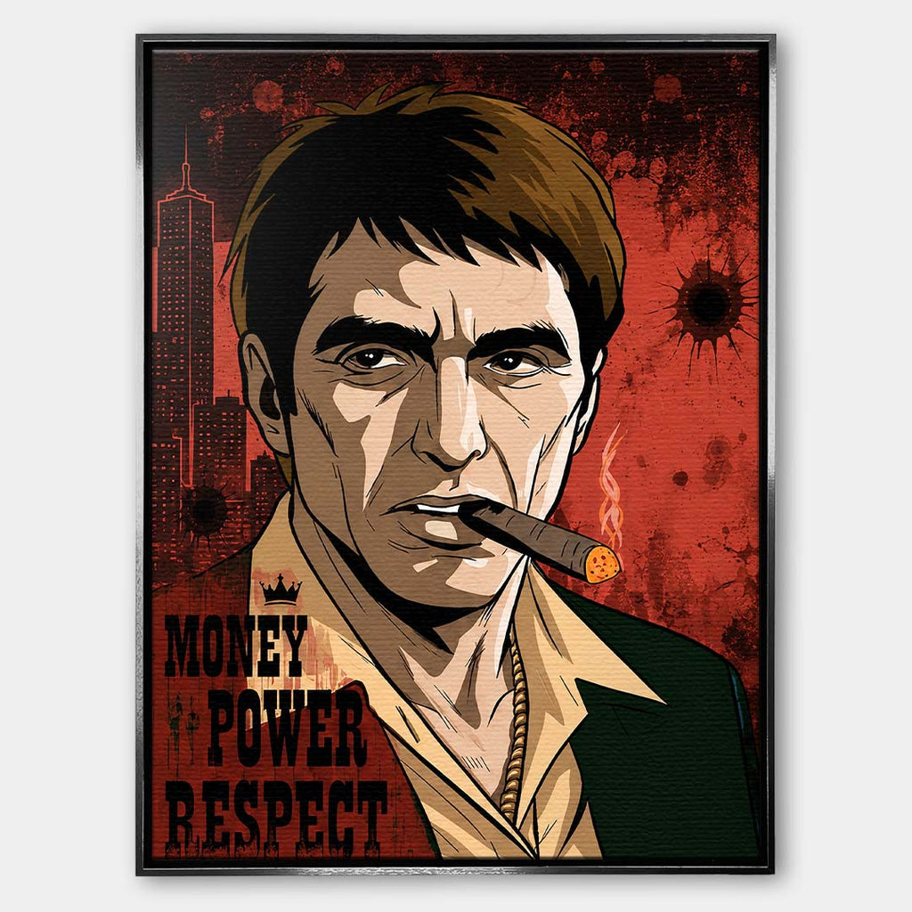 Obraz na płótnie w stylu pop art przedstawiający postać z cygarem na czerwonym tle z napisem Money Power Respect, wydruk galeryjny.