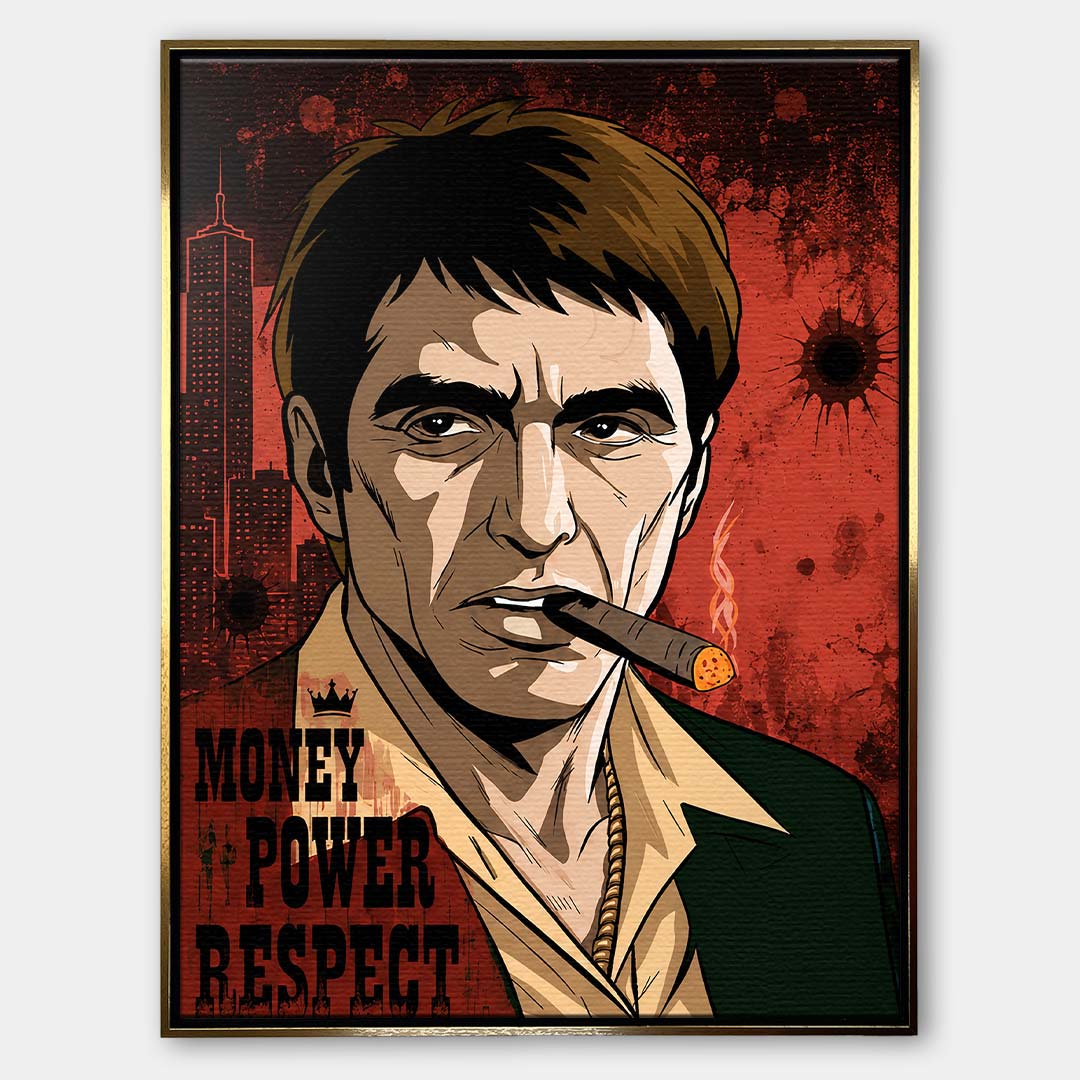 Obraz na płótnie w stylu pop art przedstawiający postać z cygarem na czerwonym tle z napisem Money Power Respect, wydruk galeryjny.