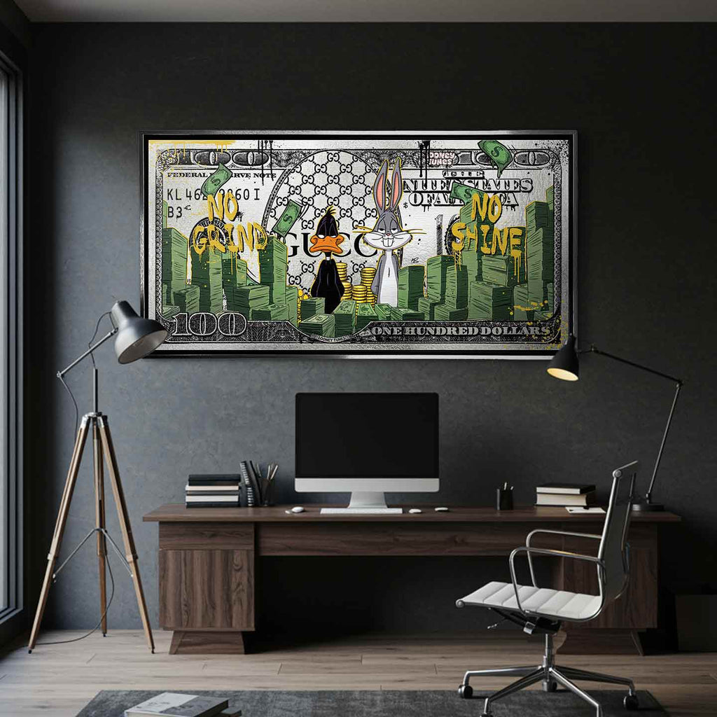 Obraz na płótnie Money Tunes z animowanymi sylwetkami, stosami banknotów i napisami No Grind No Shine, nowoczesny wydruk pop art.
