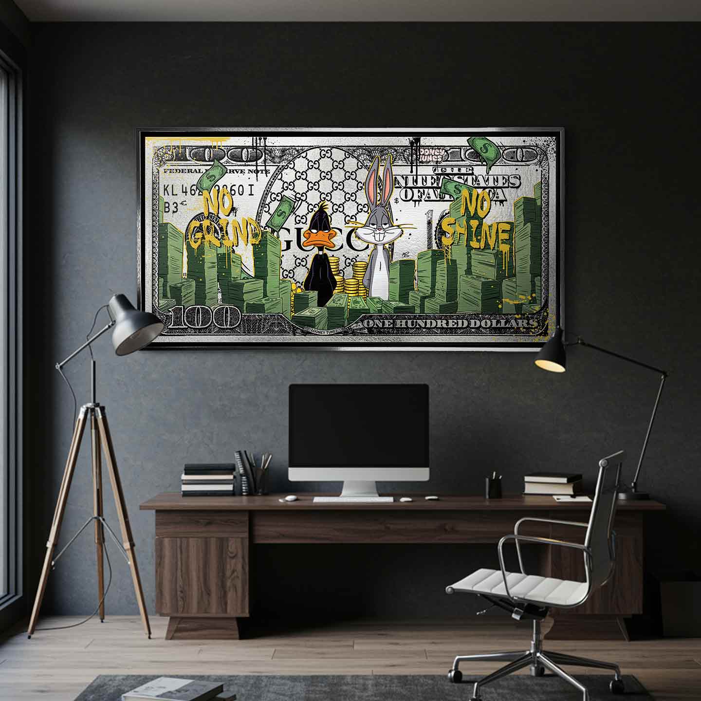 Obraz na płótnie Money Tunes z animowanymi sylwetkami, stosami banknotów i napisami No Grind No Shine, nowoczesny wydruk pop art.