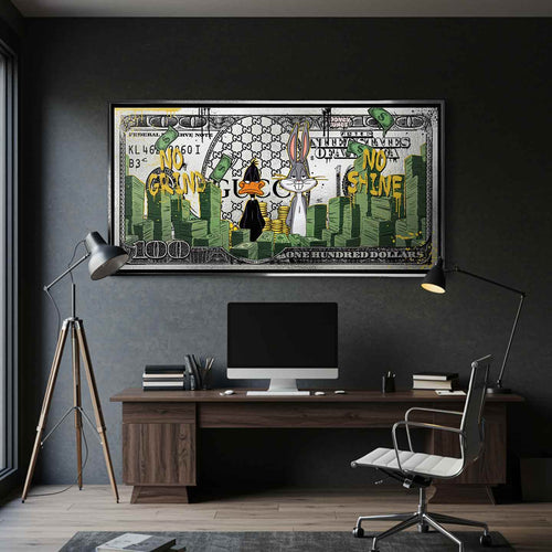Obraz na płótnie Money Tunes z animowanymi sylwetkami, stosami banknotów i napisami No Grind No Shine, nowoczesny wydruk pop art.