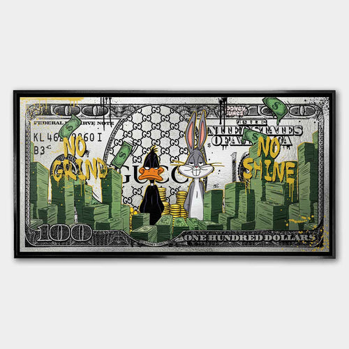 Obraz na płótnie Money Tunes z animowanymi sylwetkami, stosami banknotów i napisami No Grind No Shine, nowoczesny wydruk pop art.