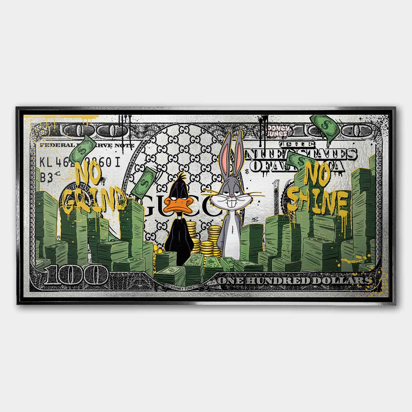 Obraz na płótnie Money Tunes z animowanymi sylwetkami, stosami banknotów i napisami No Grind No Shine, nowoczesny wydruk pop art.