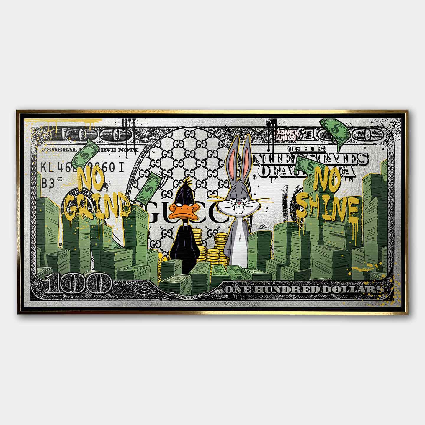 Obraz na płótnie Money Tunes z animowanymi sylwetkami, stosami banknotów i napisami No Grind No Shine, nowoczesny wydruk pop art.