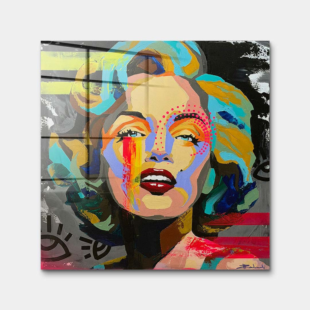 Kolorowy obraz na szkle akrylowym w stylu pop art przedstawiający portret aktorki, wydruk galeryjny, sztuka nowoczesna na ścianę.