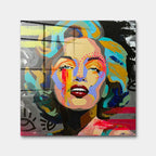 Kolorowy obraz na szkle akrylowym w stylu pop art przedstawiający portret aktorki, wydruk galeryjny, sztuka nowoczesna na ścianę.
