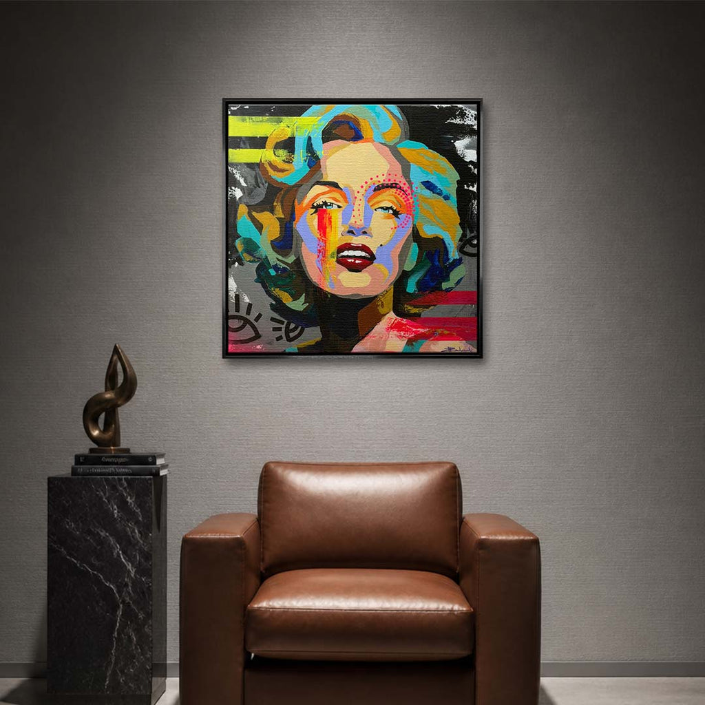 Kolorowy obraz na płótnie w stylu pop art przedstawiający portret aktorki, wydruk galeryjny, sztuka nowoczesna na ścianę.