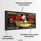 Obraz na płótnie przedstawiający kultową bogatą kaczkę nurkującą w wannie pełnej złotych monet, stylizowaną na banknot dolarowy. Na obrazie widnieje czerwony, graffitowy napis MORE MONEY MORE FUNNY. Wydruk galeryjny w stylu sztuki nowoczesnej i pop art.
