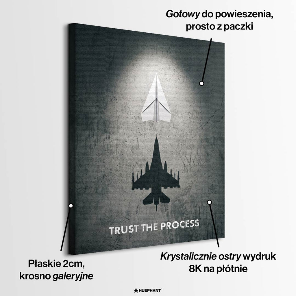 Obraz na płótnie przedstawiający biały samolot z papieru rzucający cień odrzutowca, napis Trust The Process, wydruk galeryjny, sztuka nowoczesna w stylu motywacyjnym.