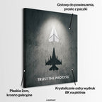 Obraz na płótnie przedstawiający biały samolot z papieru rzucający cień odrzutowca, napis Trust The Process, wydruk galeryjny, sztuka nowoczesna w stylu motywacyjnym.