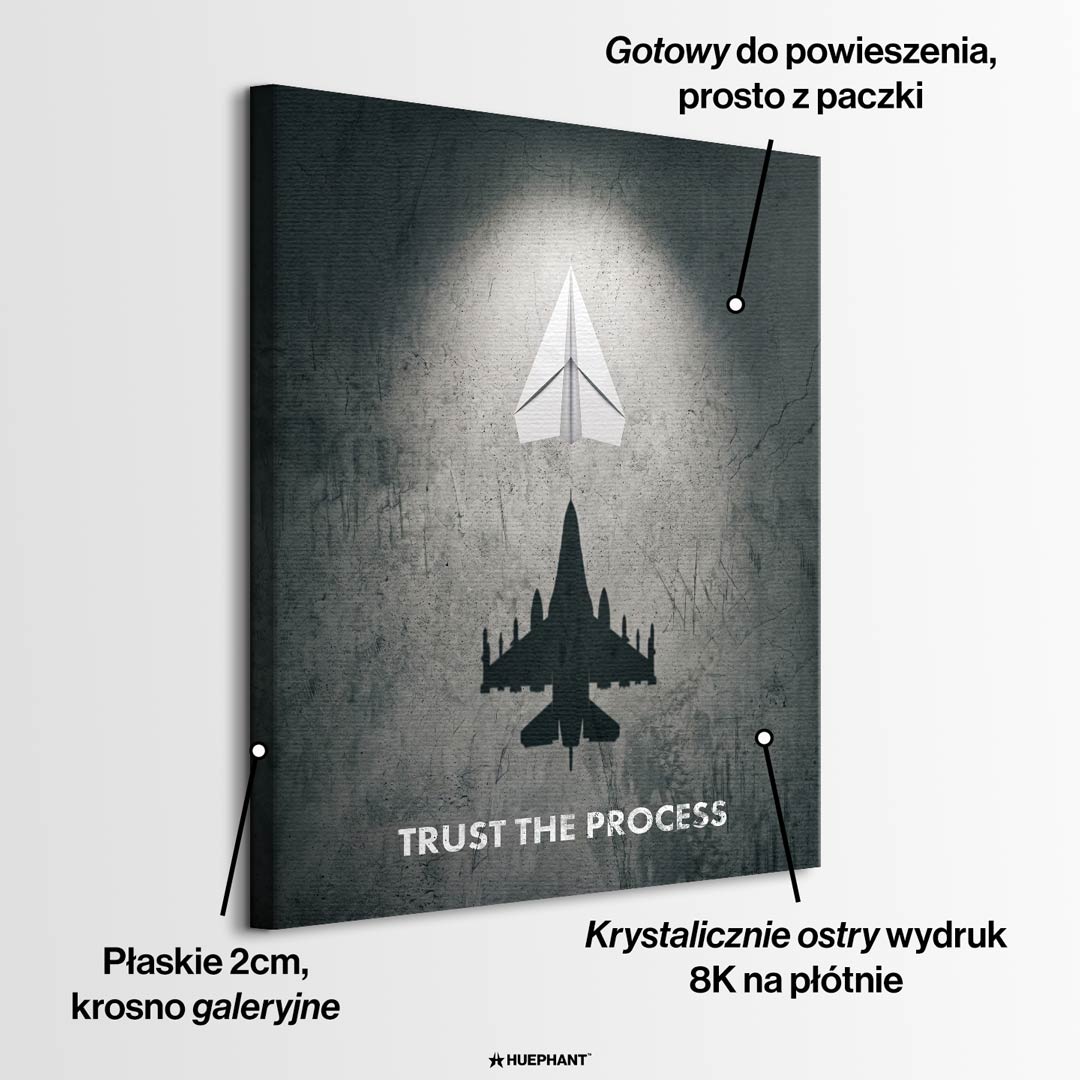 Obraz na płótnie przedstawiający biały samolot z papieru rzucający cień odrzutowca, napis Trust The Process, wydruk galeryjny, sztuka nowoczesna w stylu motywacyjnym.