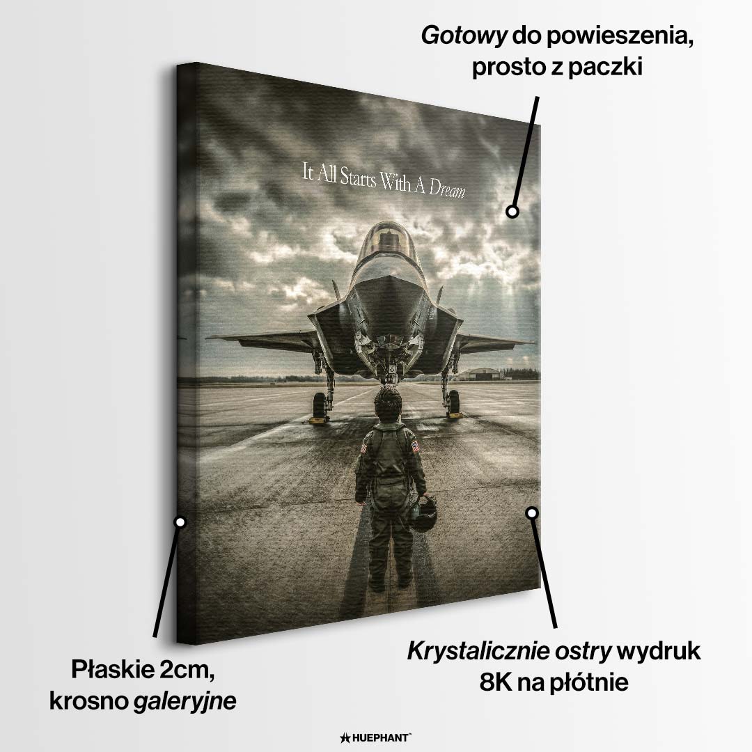 Obraz na płótnie It All Starts With A Dream Jet marki Huephant. Wydruk galeryjny przedstawiający chłopca w kombinezonie pilota przed myśliwcem.