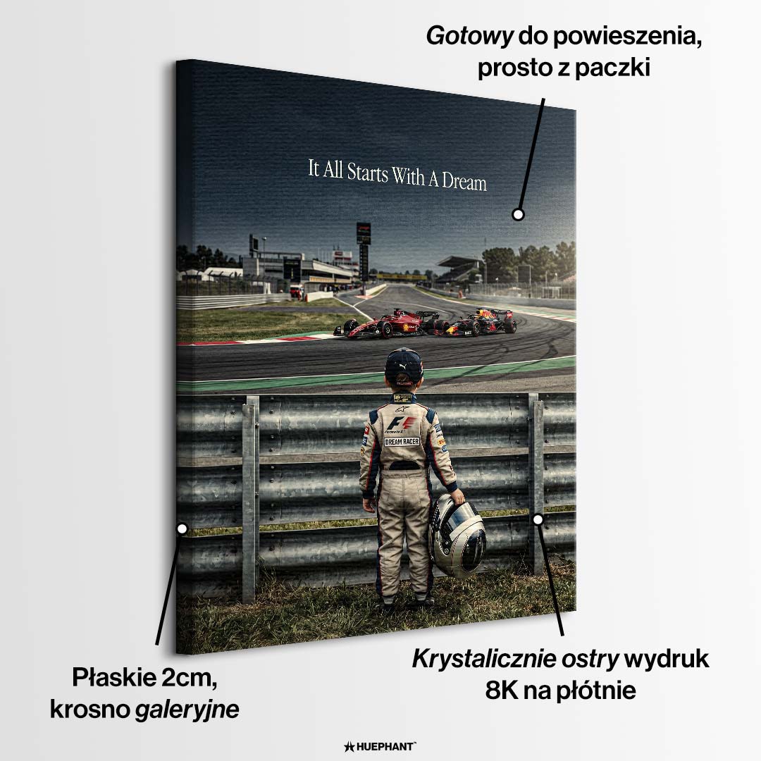 Motywacyjny obraz na płótnie F1 przedstawiający dziecko w stroju kierowcy patrzące na wyścig bolidów, wydruk galeryjny w stylu nowoczesnym, dekoracja ścienna.