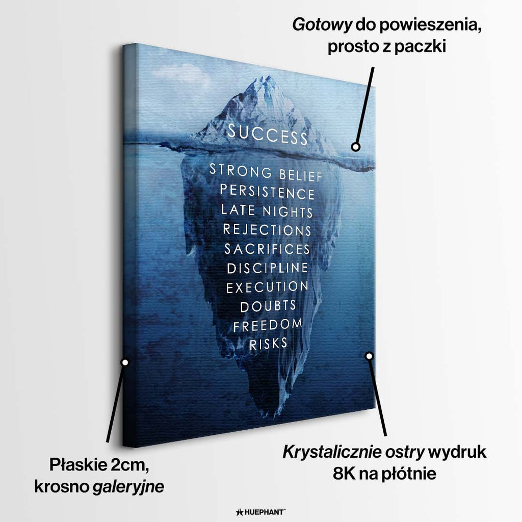 Motywacyjny obraz na płótnie Iceberg of Success marki Huephant. Wydruk galeryjny przedstawiający górę lodową sukcesu w czarnej ramie, sztuka nowoczesna do biura.